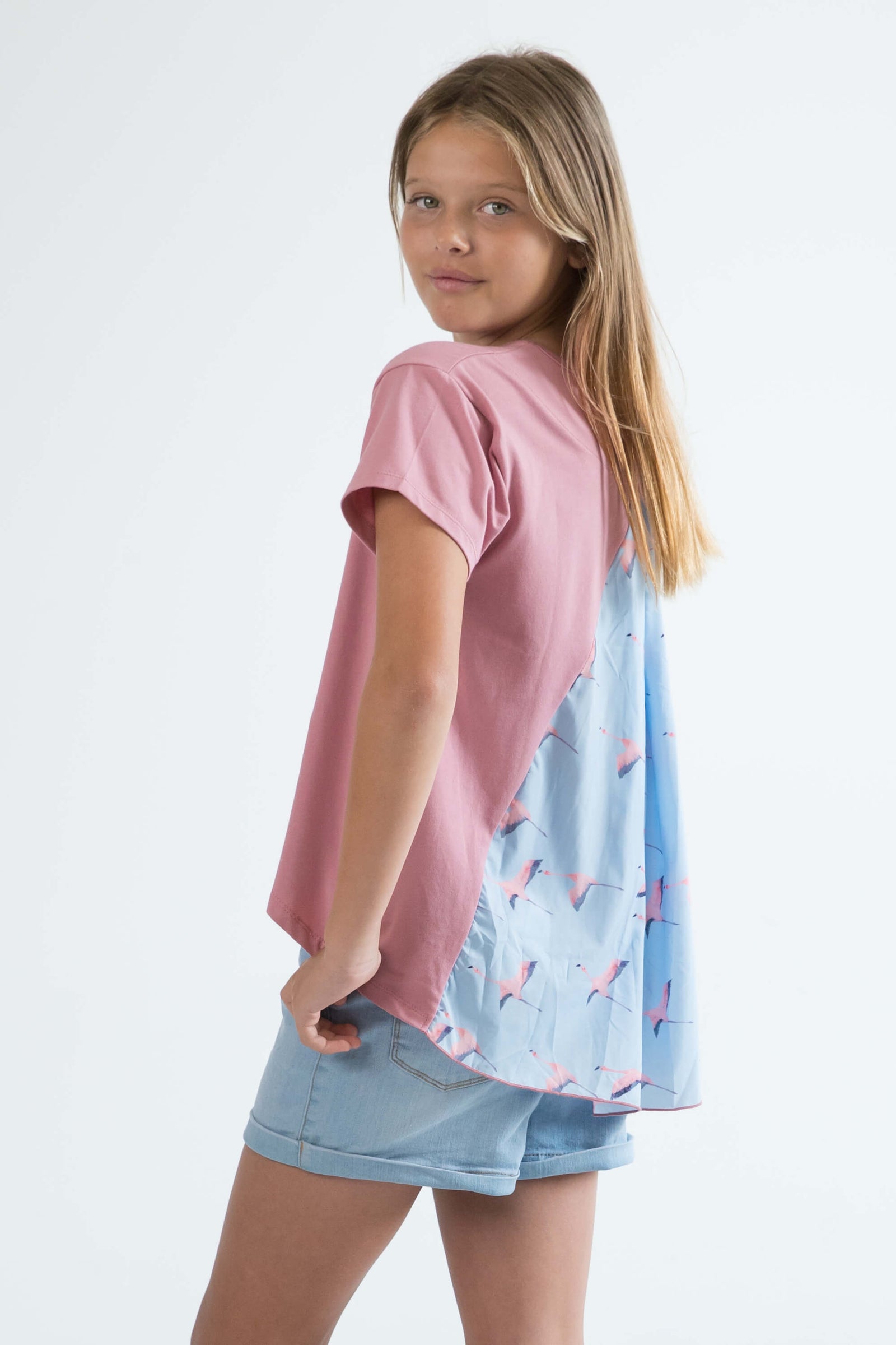 pink teen girls clothing short sleeve t-shirt top flamingo print by Love Haidee Australia side view