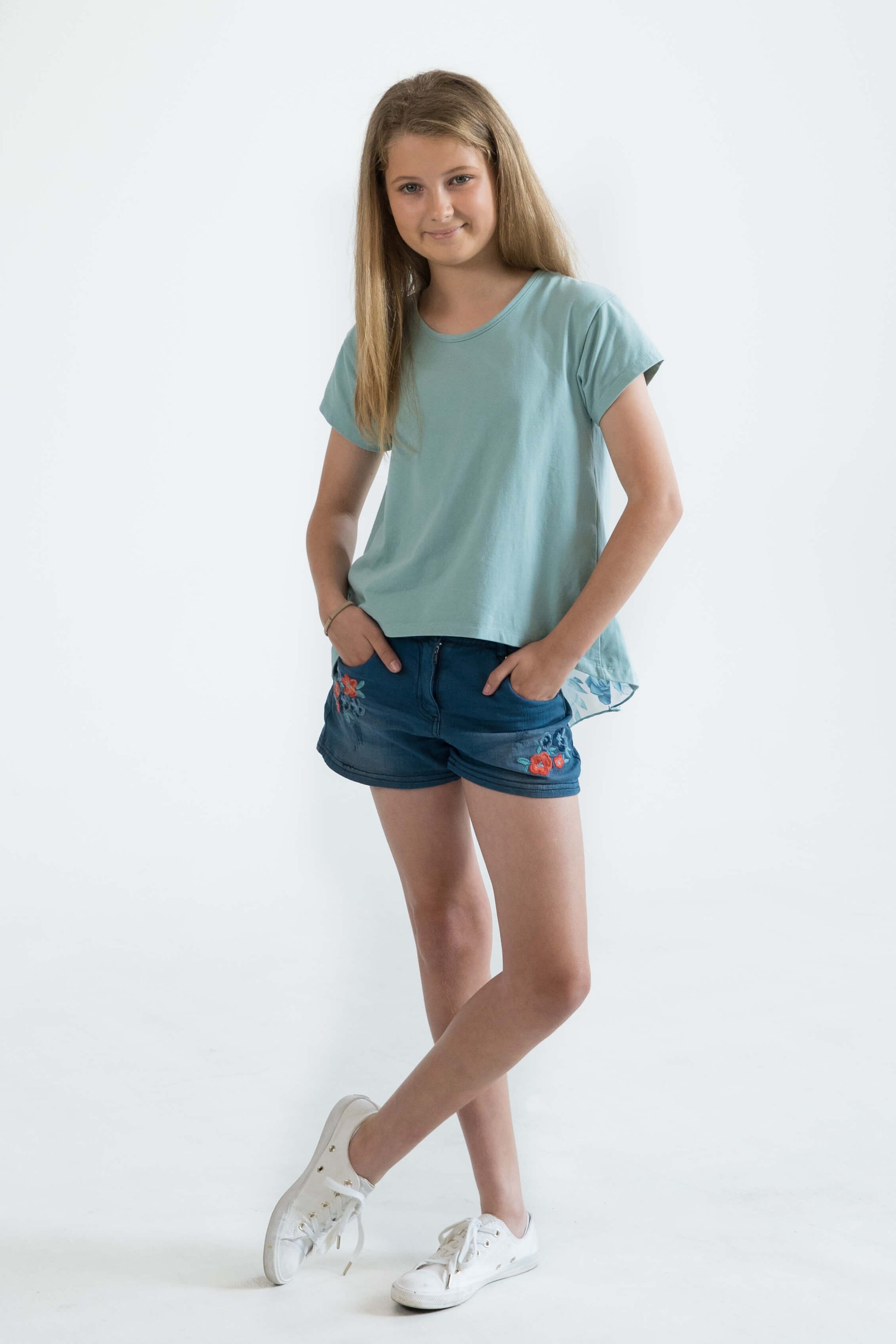 Girls White & Green Printed T-Shirt with Short Pants