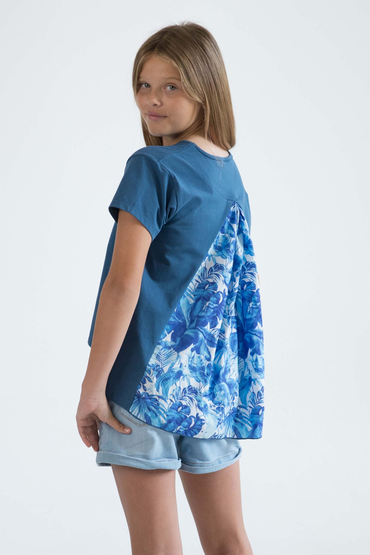 blue teen girls clothing short sleeve cropped t-shirt top tropical floral print by Love Haidee Australia back Chloe