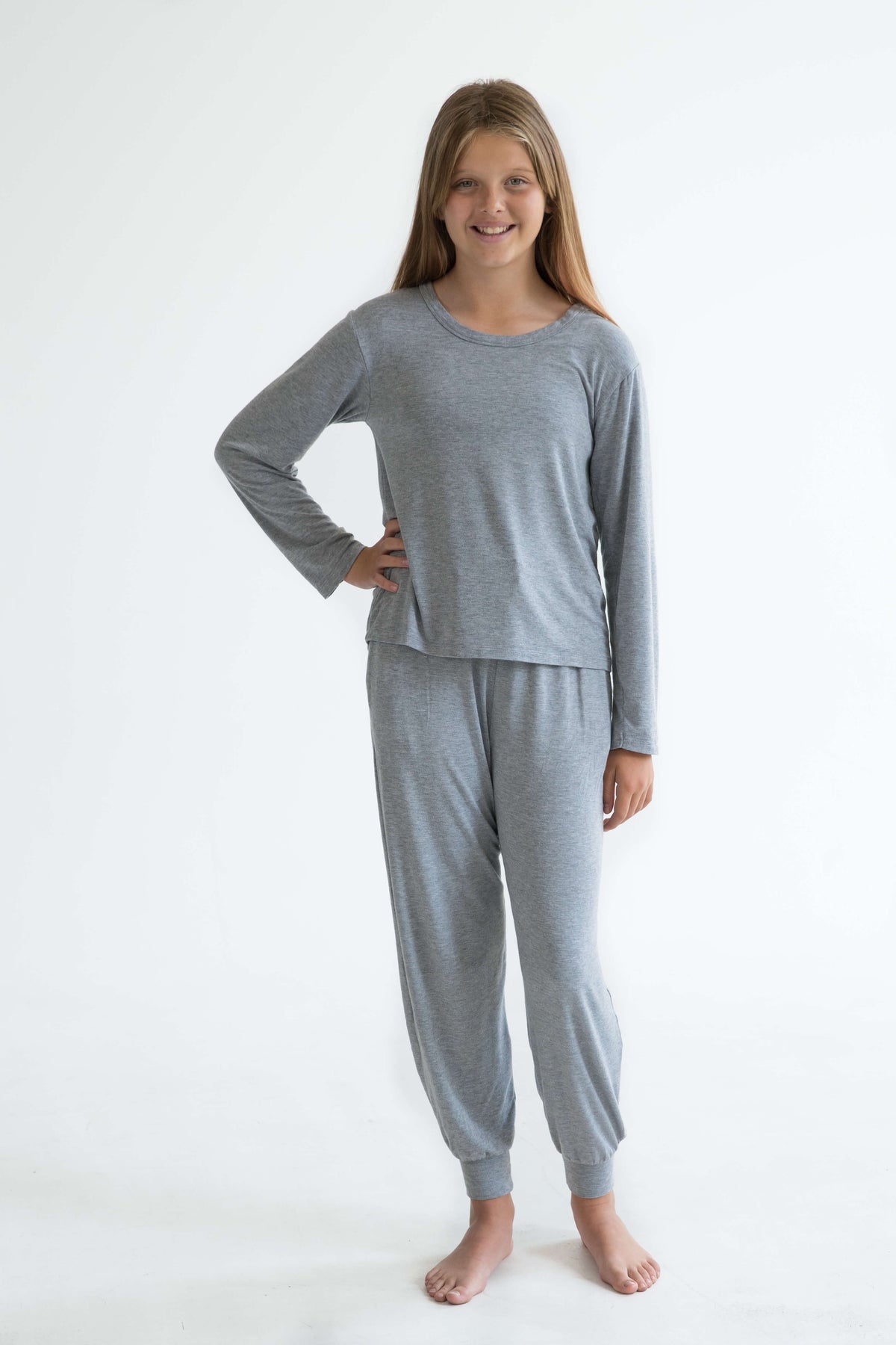 grey girls winter pyjamas set long pants and long sleeve top by Love Haidee Australia front view Chloe