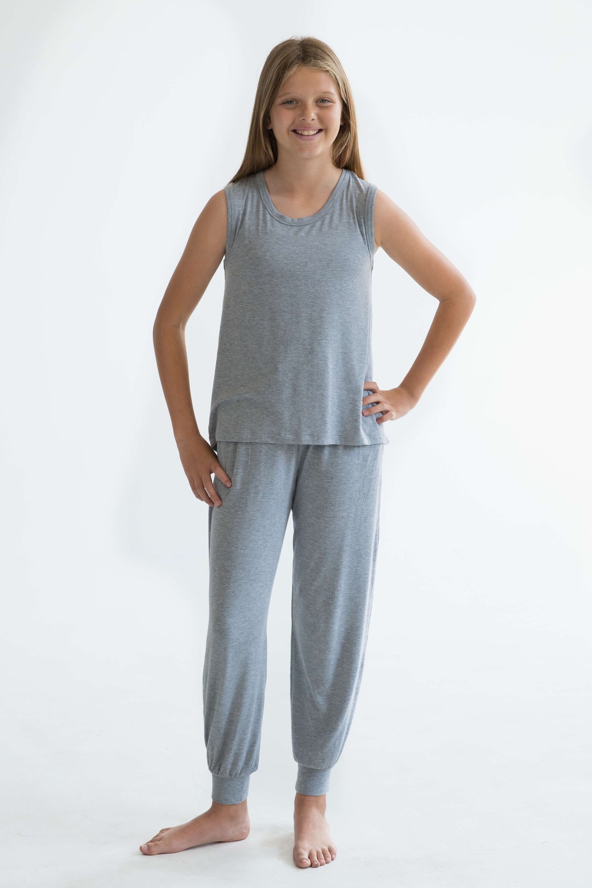 tween teen girls pyjamas PJ set long pants sleeveless tank top singlet grey front super soft VSCO sleepover mix and match