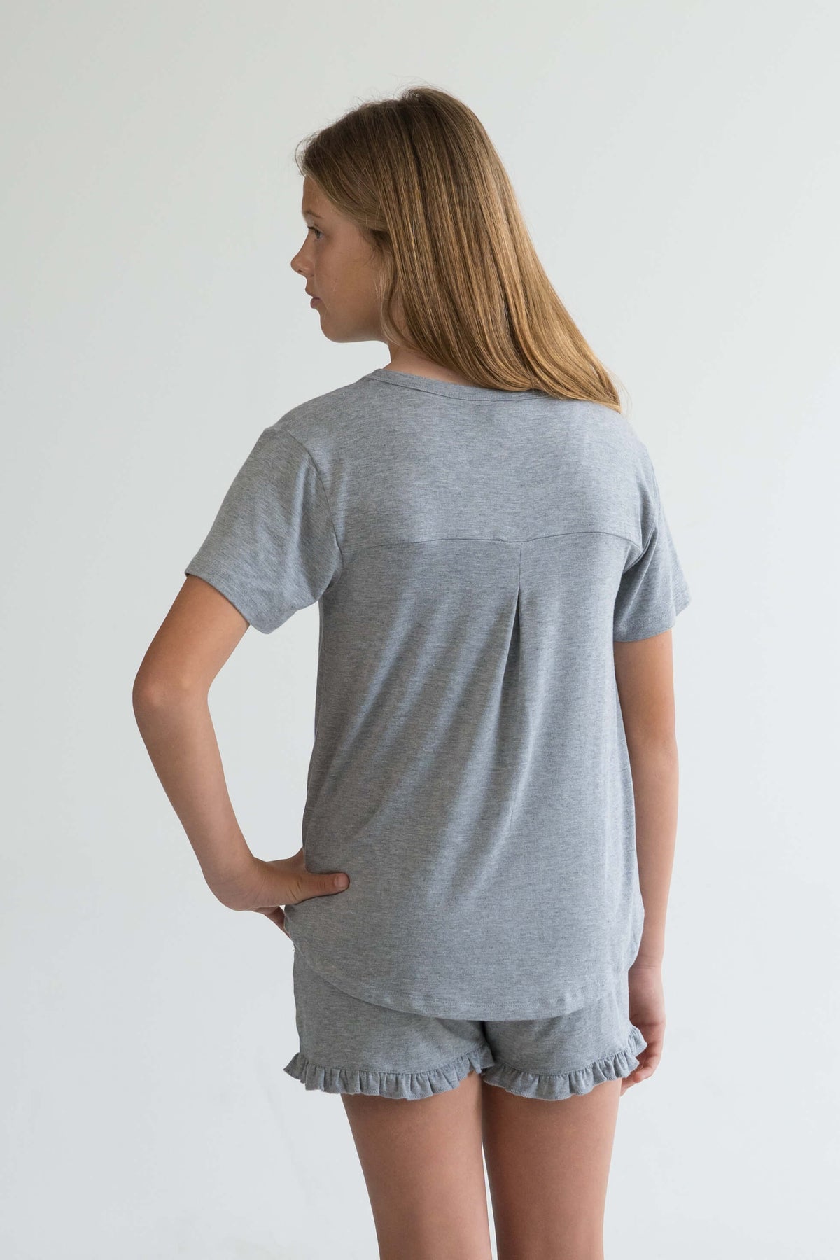 grey teen girls summer pyjamas set shorts with pockets and frill and short sleeve top by Love Haidee Australia back