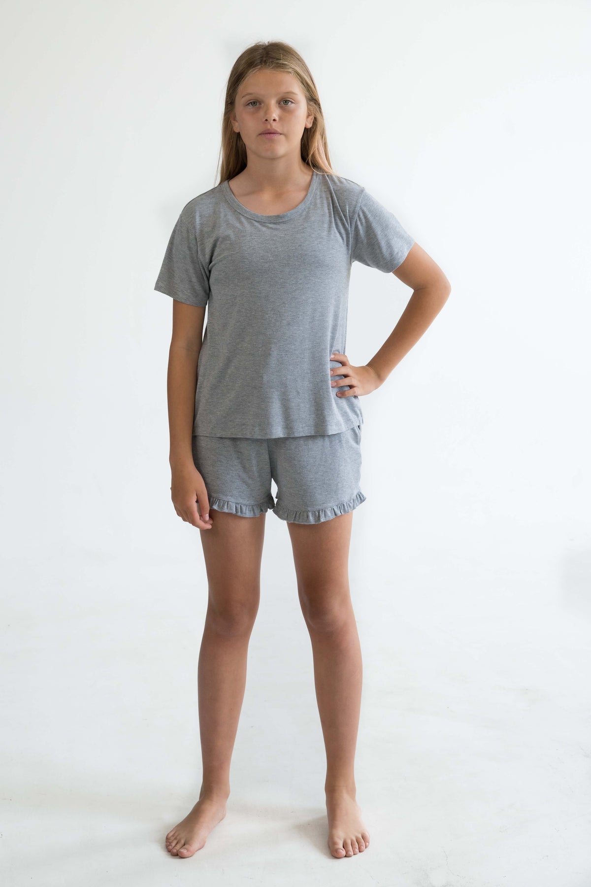 grey teen girls summer pyjamas set shorts with pockets and frill and short sleeve top by Love Haidee Australia front