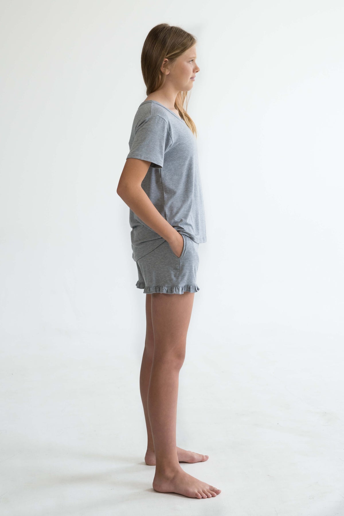 grey teen girls summer pyjamas set shorts with pockets and frill and short sleeve top by Love Haidee Australia side