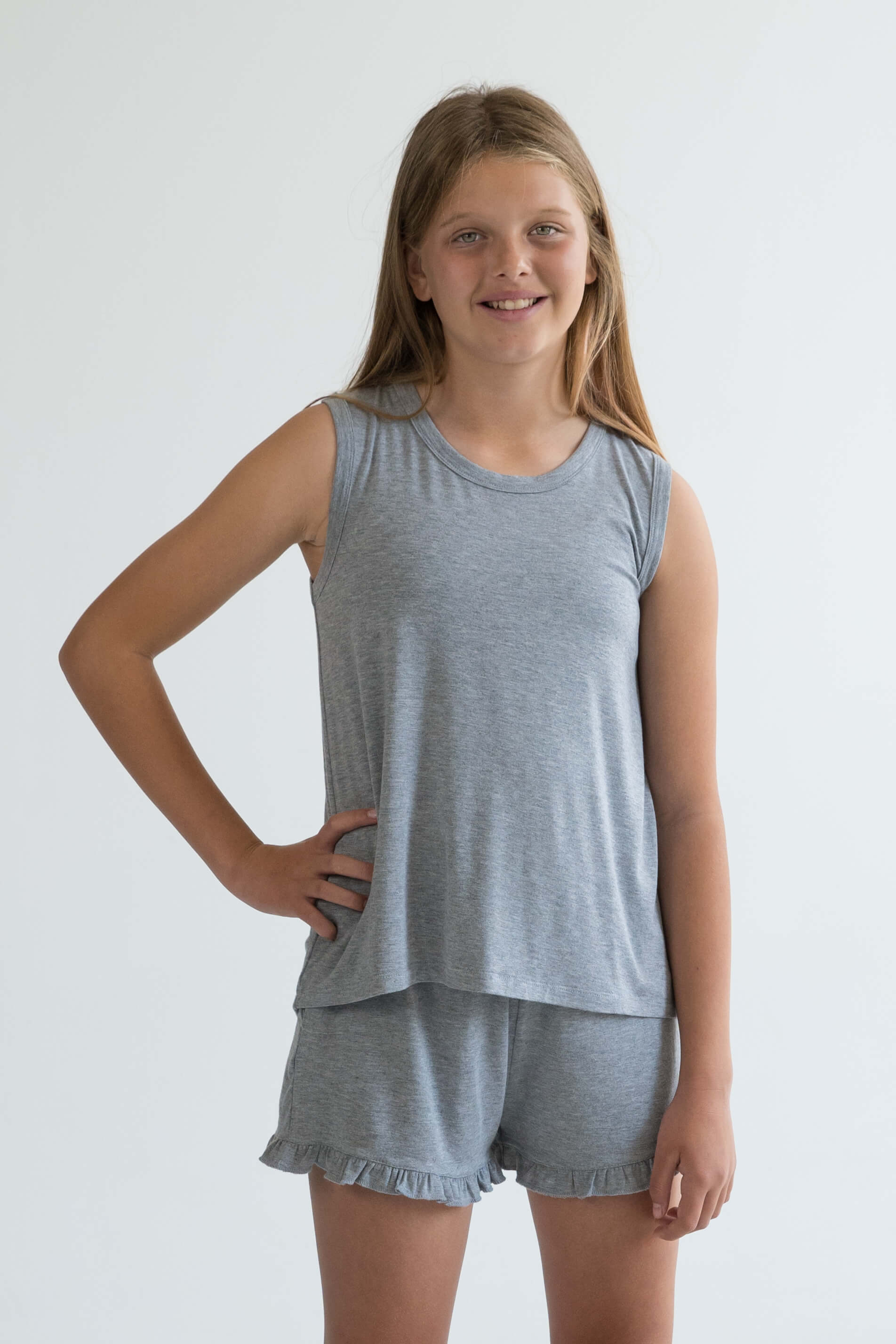 grey teen girls bamboo pyjamas shorts elastic waist, pockets and drawstring by Love Haidee Australia front