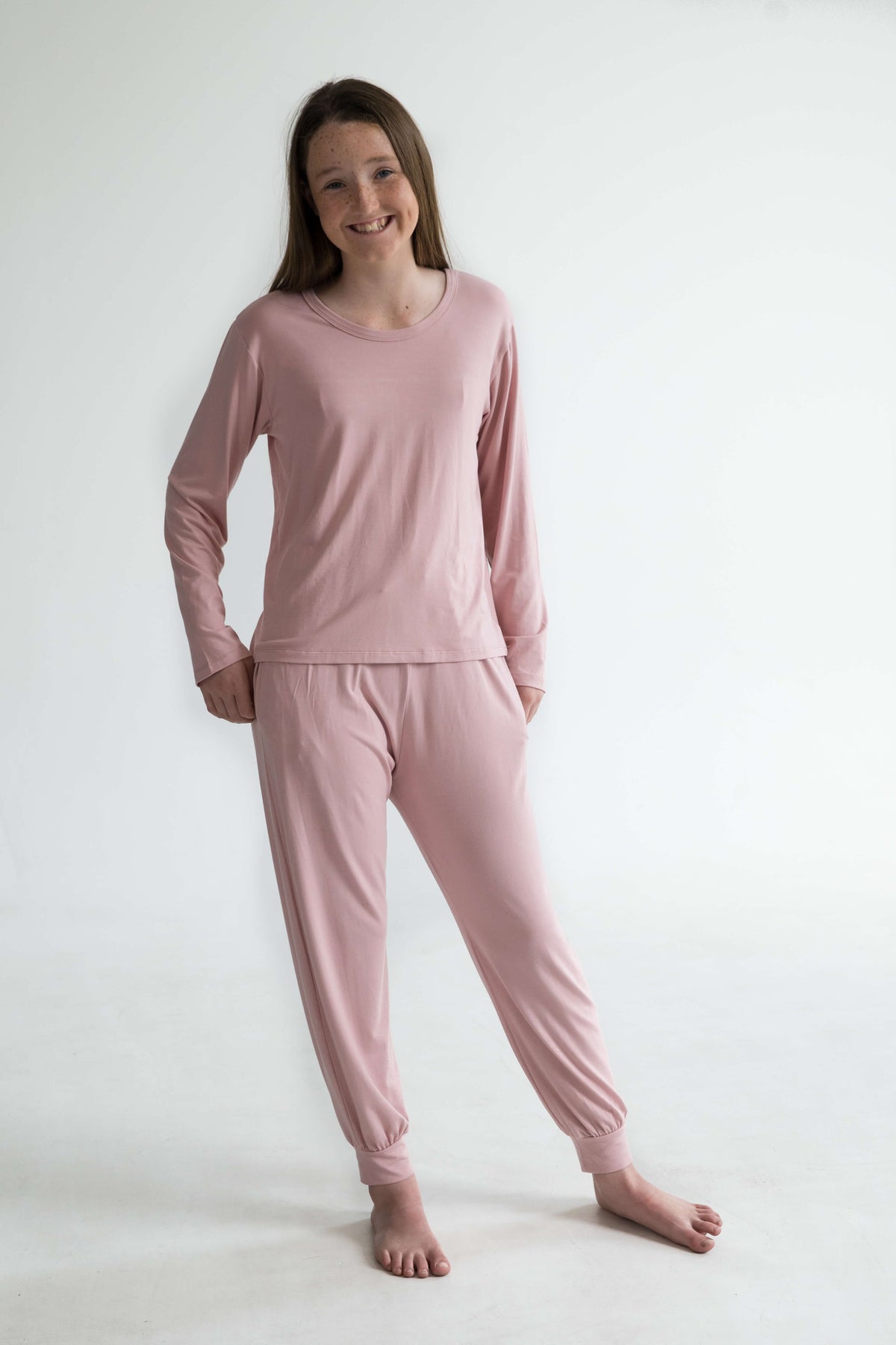 pink teen girls bamboo pyjamas long pants elastic waist, pockets and drawstring by Love Haidee Australia front view Ella