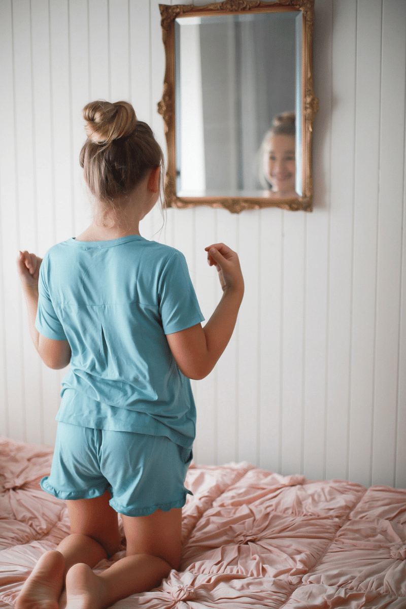 mint teen girls summer pyjamas set shorts with pockets and frill and short sleeve top by Love Haidee Australia back