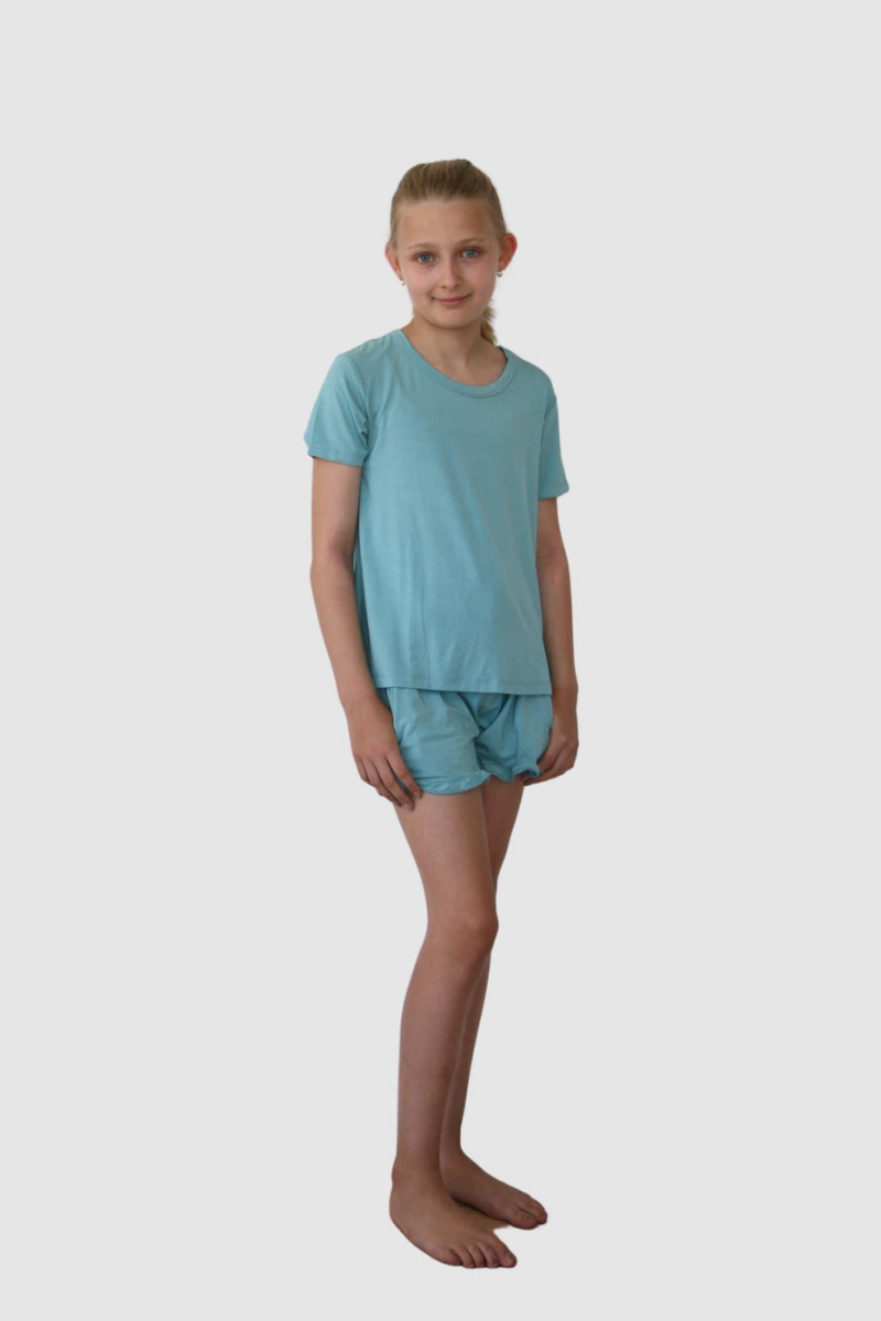 mint teen girls summer pyjamas set shorts with pockets and frill and short sleeve top by Love Haidee Australia front Charli