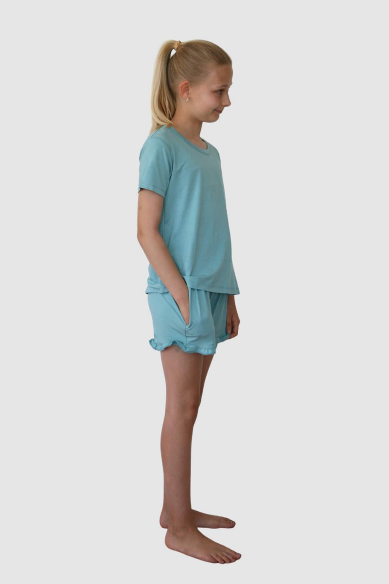 mint teen girls summer pyjamas set shorts with pockets and frill and short sleeve top by Love Haidee Australia side