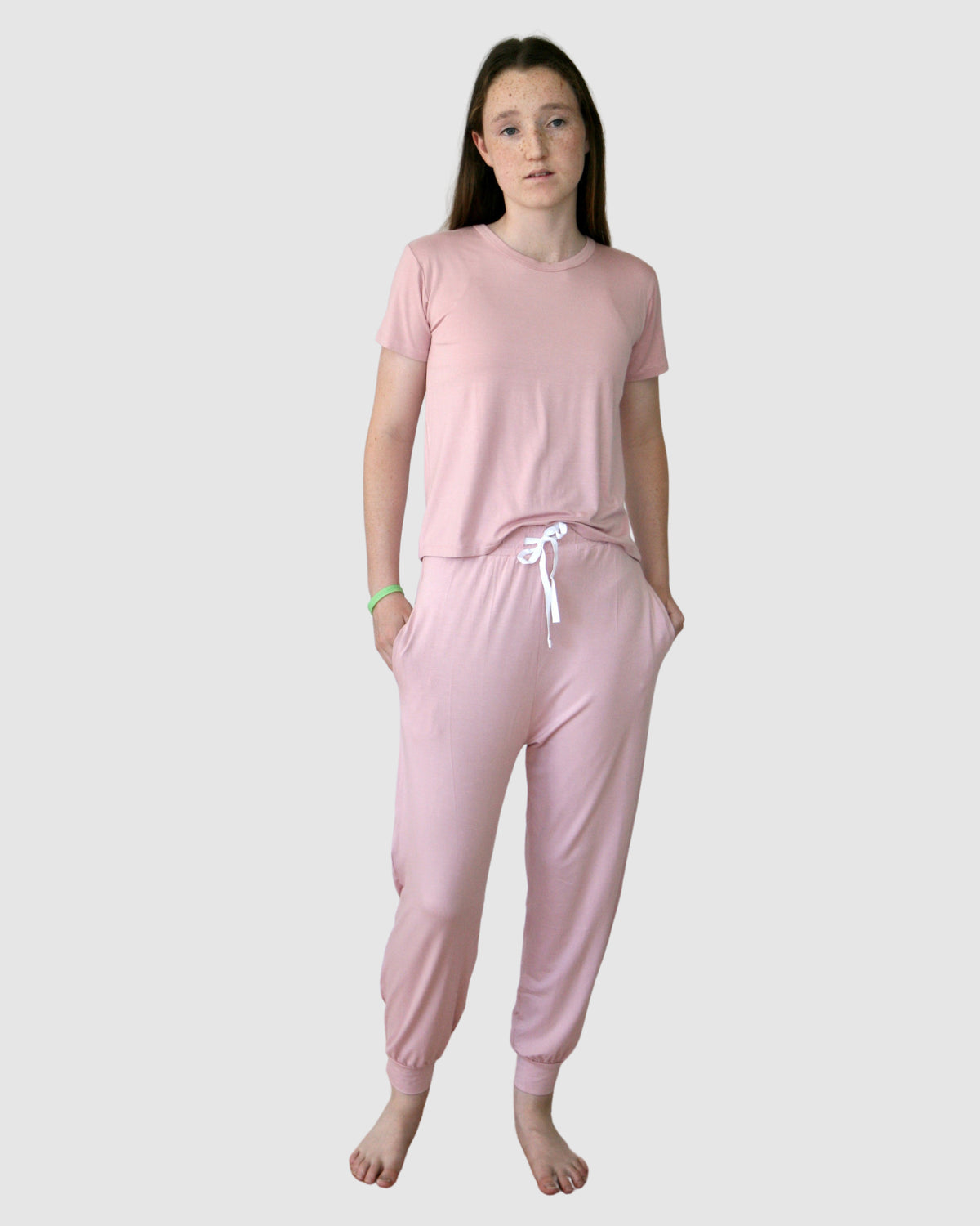 pink teen girls pyjamas set long pants and short sleeve top by Love Haidee Australia front