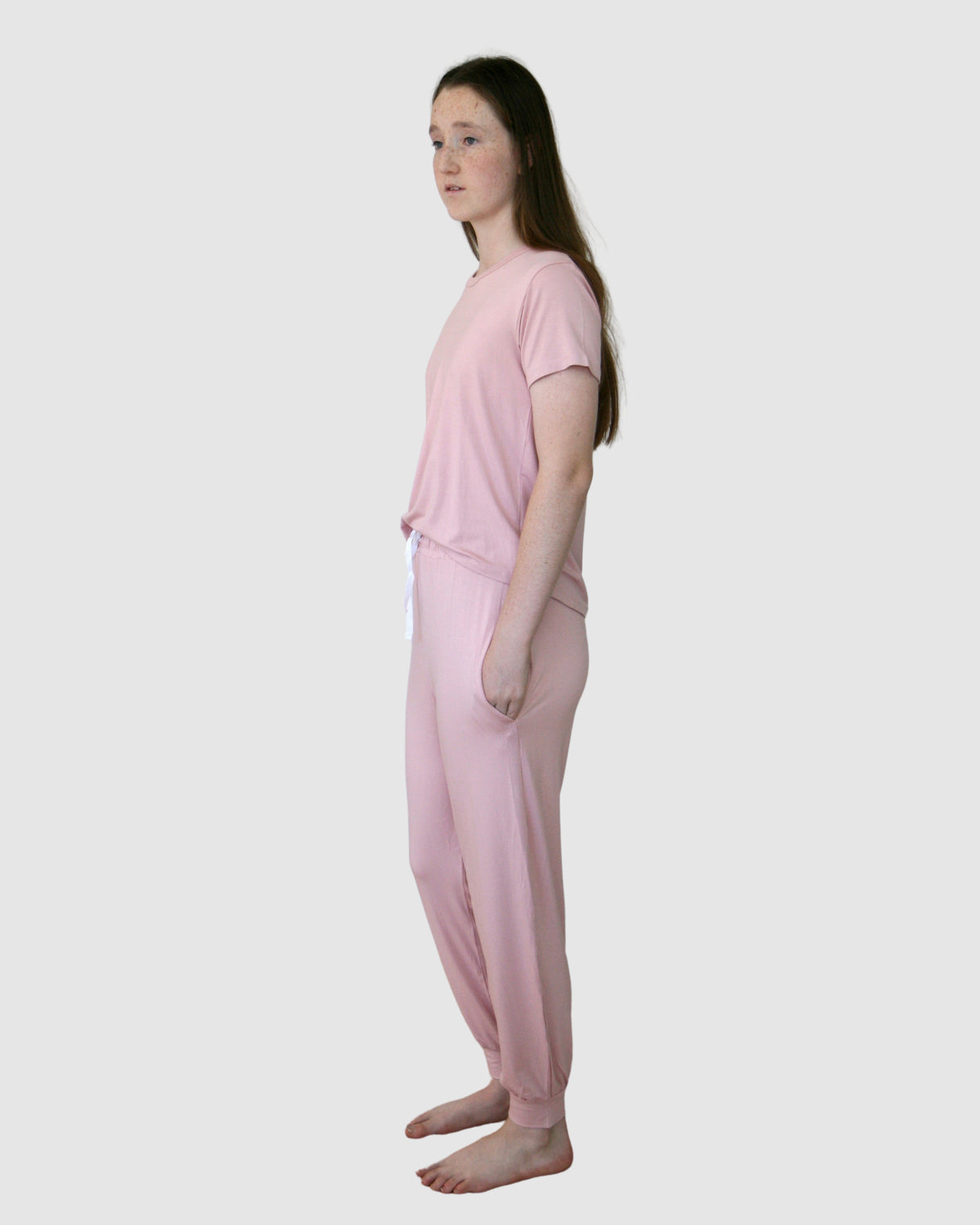 pink teen girls pyjamas set long pants and short sleeve top by Love Haidee Australia side