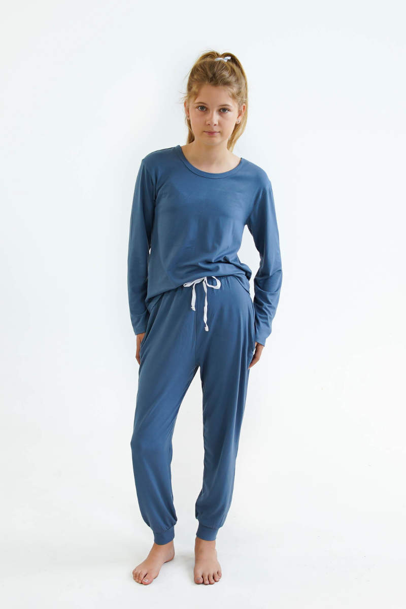 blue girls winter pyjamas by Love Haidee Australia long pants and long sleeves front
