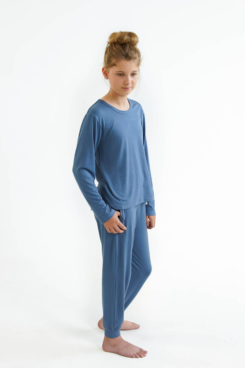 blue girls winter pyjamas by Love Haidee Australia long pants and long sleeve top side view