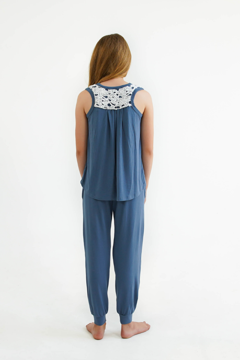 blue teen girls pyjamas set long pants and singlet by Love Haidee Australia back