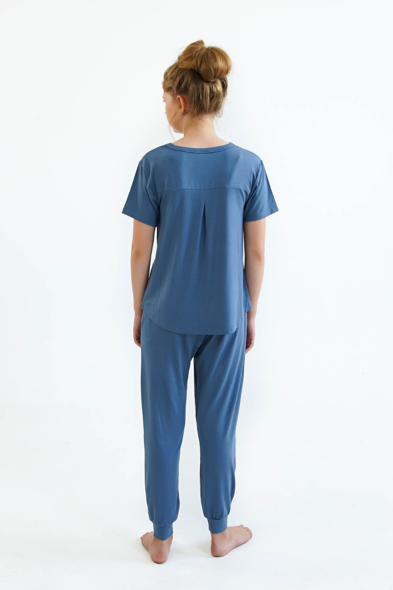 blue girls teen pyjamas set long pants short sleeve top by Love Haidee Australia back