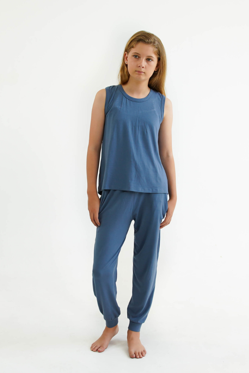 blue teen girls pyjamas set long pants and singlet by Love Haidee Australia front