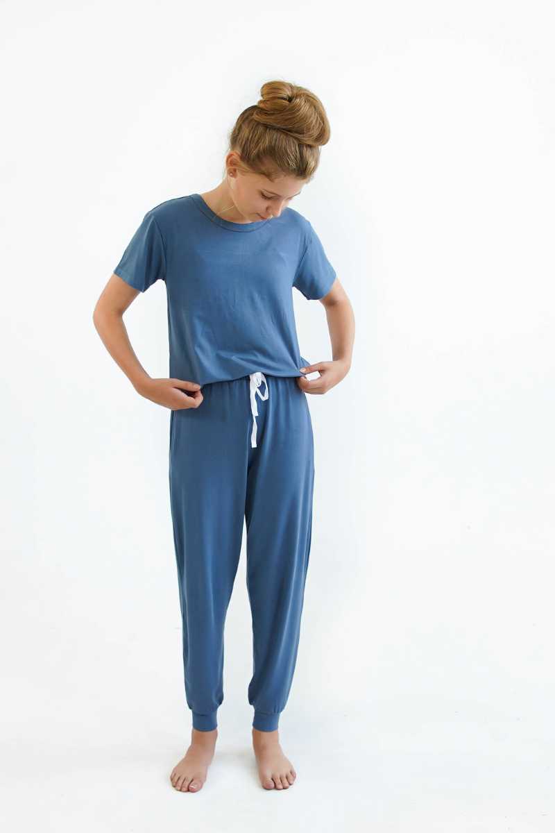 Blue teen girls pyjamas set long pants short sleeve top by Love Haidee Australia front