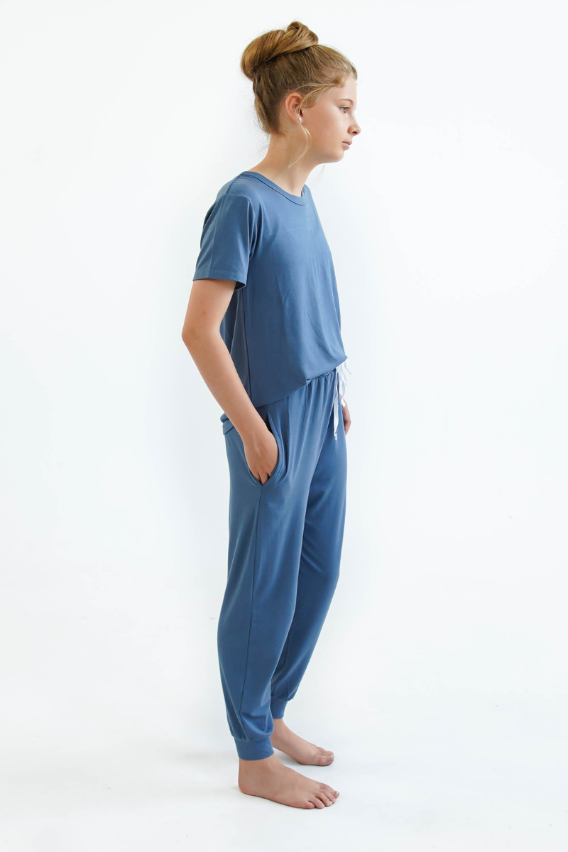 blue teen girls bamboo pyjamas long pants elastic waist, pockets and drawstring by Love Haidee Australia side