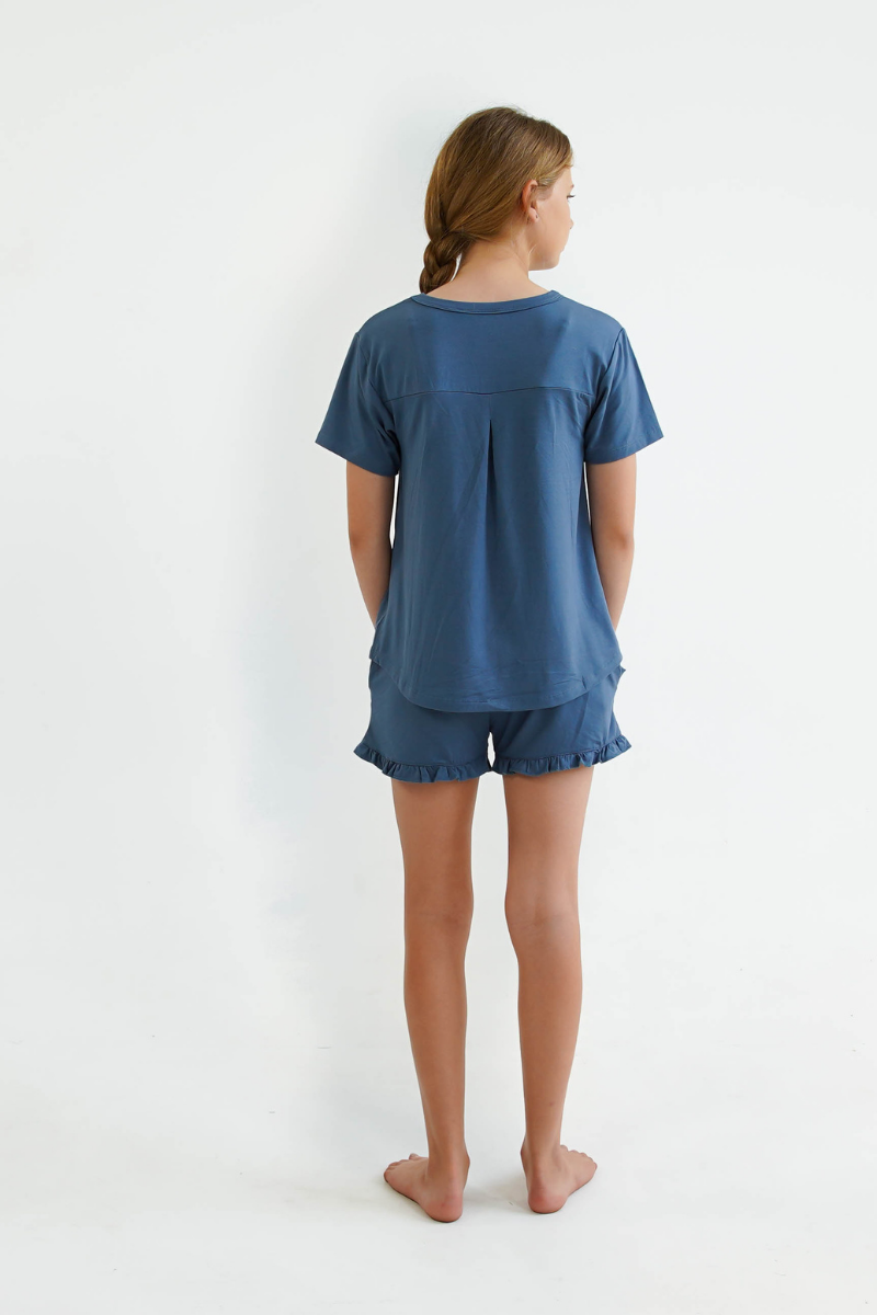 blue teen girls summer pyjamas set shorts and short sleeve top by Love Haidee Australia back