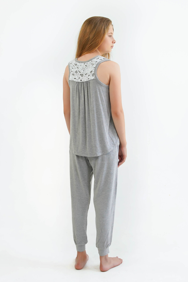 grey teen girls pyjamas set long pants and singlet by Love Haidee front