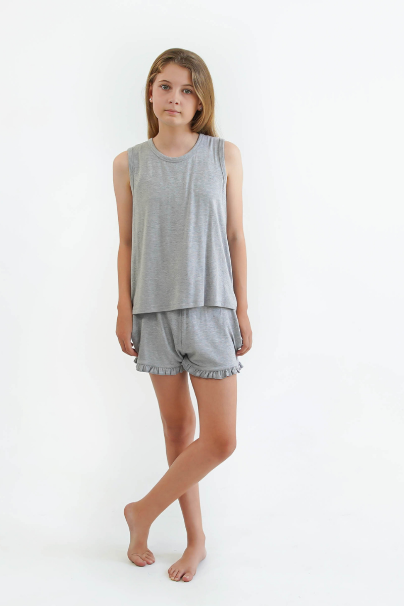 grey teen girls summer pyjamas set shorts and singlet by Love Haidee Australia front