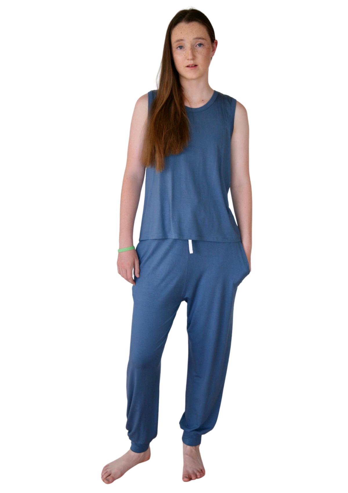 blue teen girls pyjamas set long pants and singlet by Love Haidee Australia front Ella