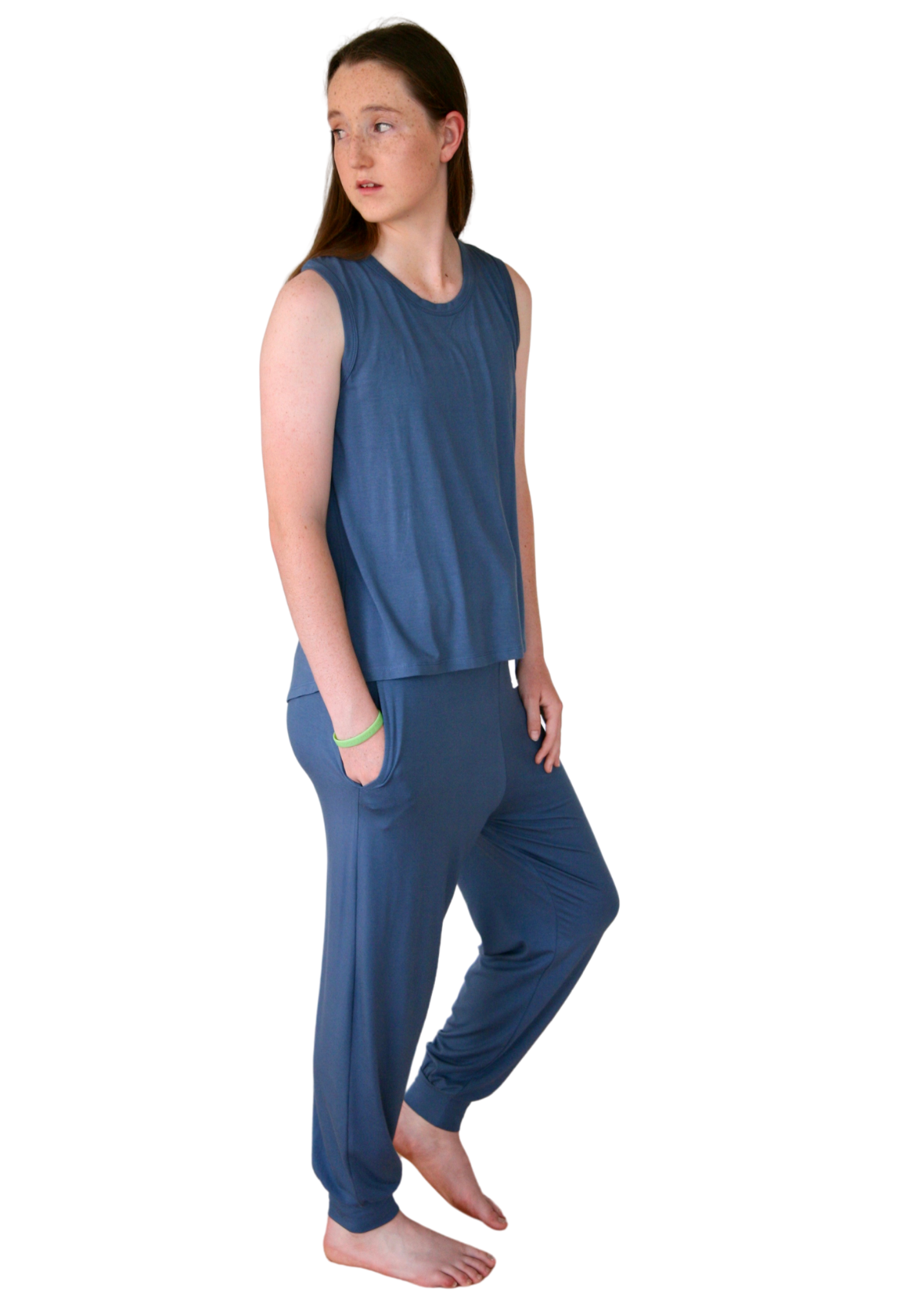blue teen girls pyjamas set long pants and singlet by Love Haidee Australia side view Ella