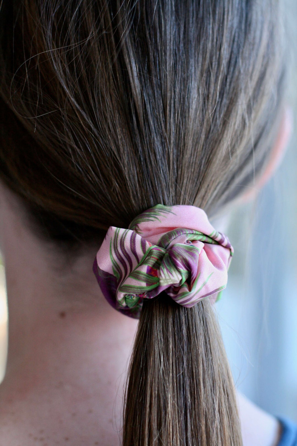 teen girls hair accessories scrunchie by Love Haidee Australia pink palm tree print in girls hair