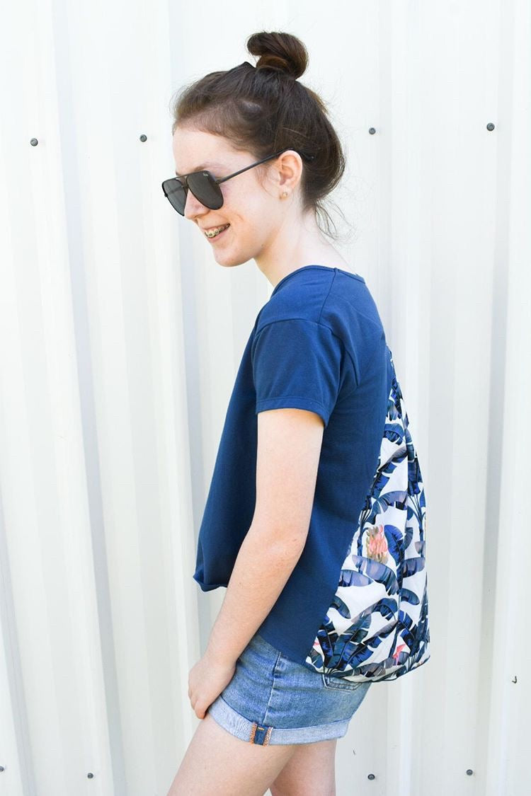 blue teen girls clothing short sleeve t-shirt top banana leaf palm print by Love Haidee Australia lifestyle image
